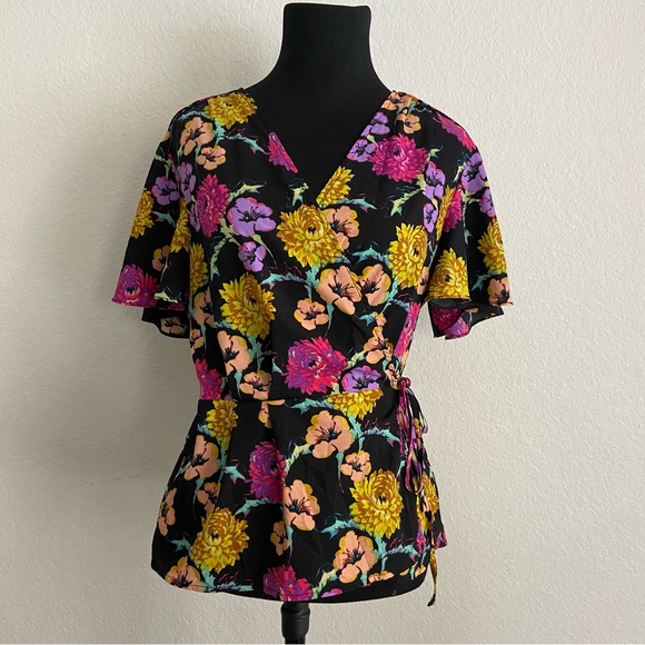 Topshop Floral Cinch And Flare Wrap Blouse With Flutter Sleeves Size 6 - Picture 1 of 11
